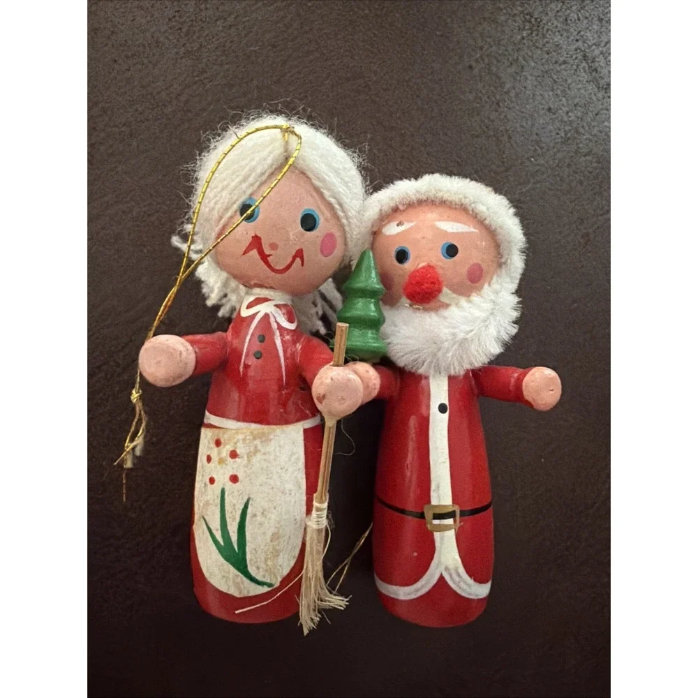 Vintage Mr and Mrs Santa Claus Wood Ornaments Christmas Tree Glasses Tree Felt H